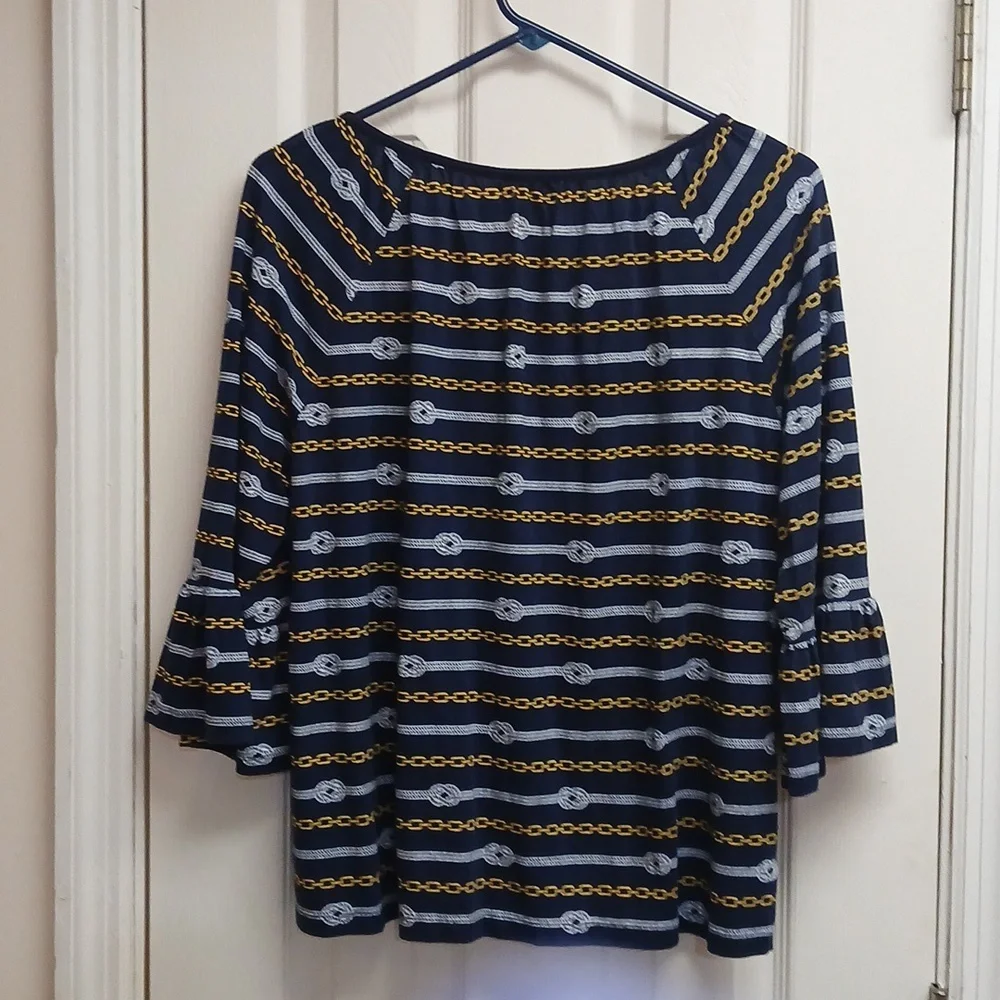 Michael Kors Nautical Navy Gold Chain Rope Bell Sleeve Peasant Top L - Picture 7 of 12